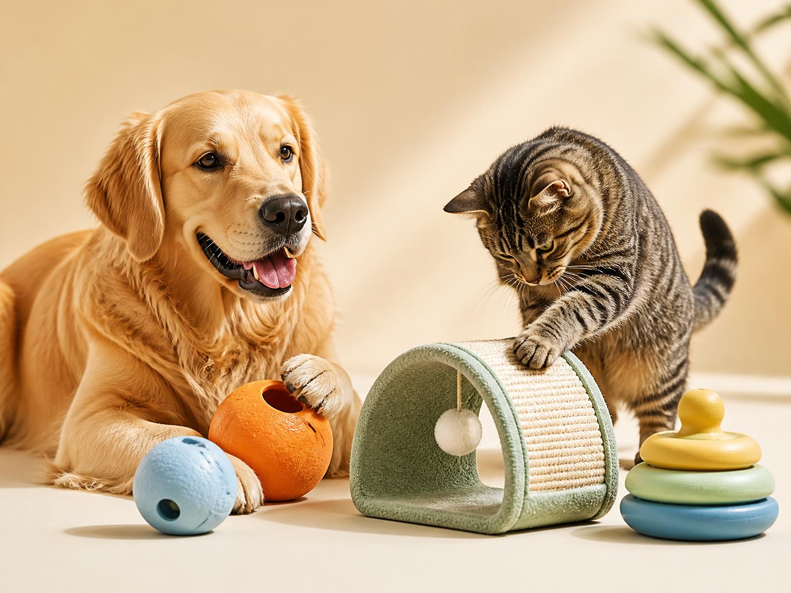 A happy dog and cat playing with colorful enrichment toys